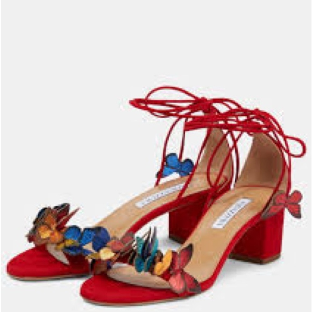 Aquazzura Red Block-Heel Sandals with Multicolor Butterfly Accents